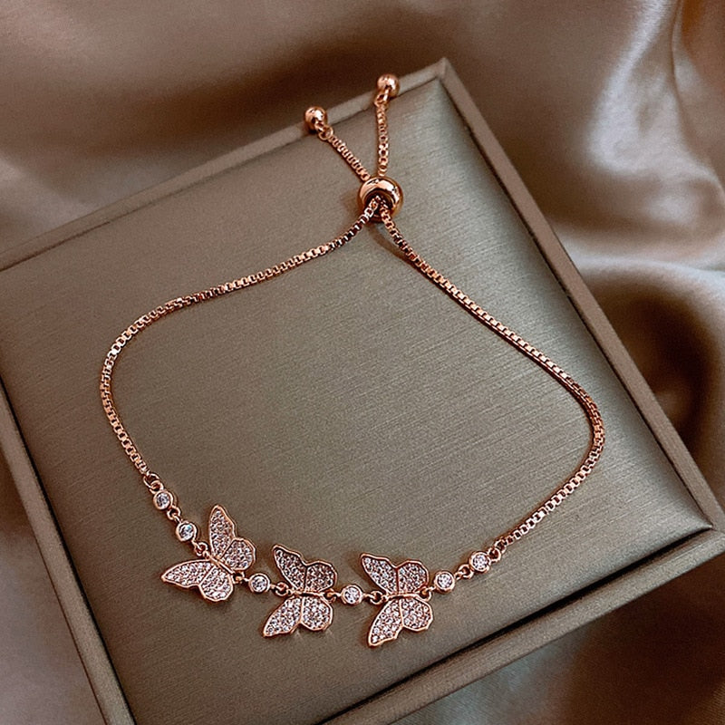 2021 Korean New Luxury Crystal Flower Cubic Zirconia Pendant Bracelet Women Round Butterfly Shiny Rhinestone Bangle Jewelry